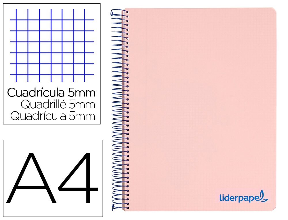 CUADERNO ESPIRAL LIDERPAPEL A4 MICRO WONDER TAPA PLASTICO 120H 90 GR CUADRO 5MM 5 BANDAS 4 TALADROS COLOR ROSA