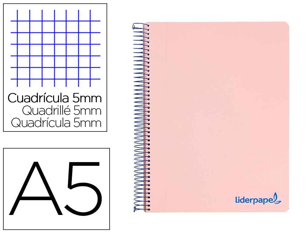 CUADERNO ESPIRAL LIDERPAPEL A5 MICRO WONDER TAPA PLASTICO 120H 90GR CUADRO 5MM 5 BANDAS 6 TALADROS COLOR ROSA