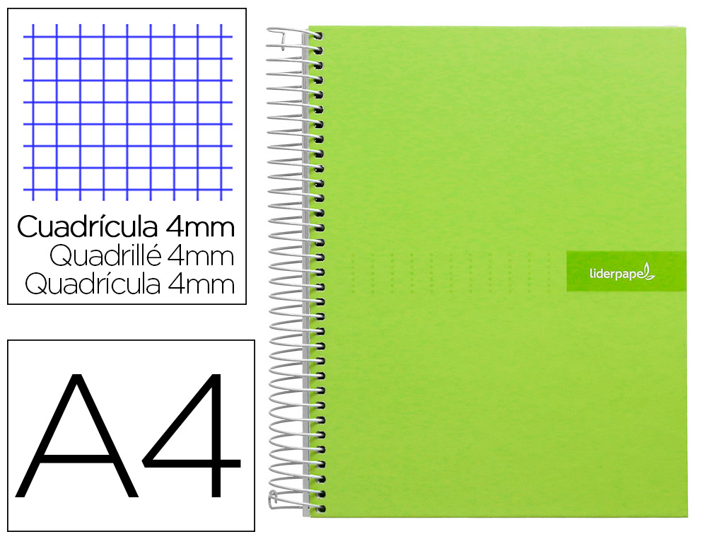 CUADERNO ESPIRAL LIDERPAPEL A4 CRAFTY TAPA FORRADA 80H 90GR CUADRO 4MM CON MARGEN COLOR VERDE