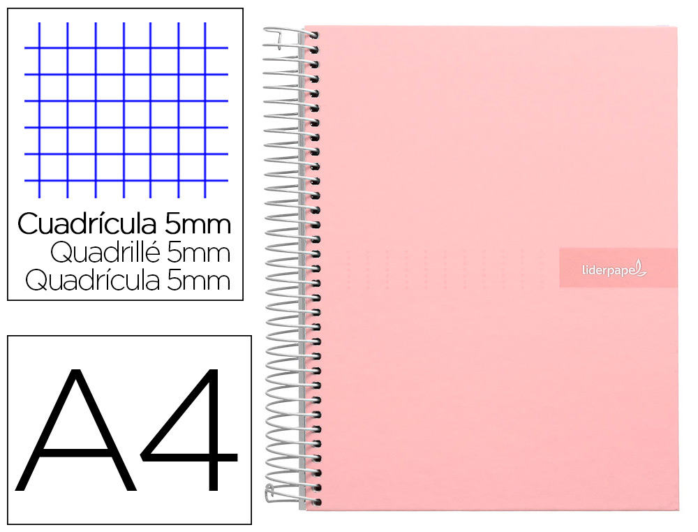 CUADERNO ESPIRAL LIDERPAPEL A4 MICRO CRAFTY TAPA FORRADA 120H 90 GR CUADRO 5MM 5 BANDAS 4 COLORES COLOR ROSA