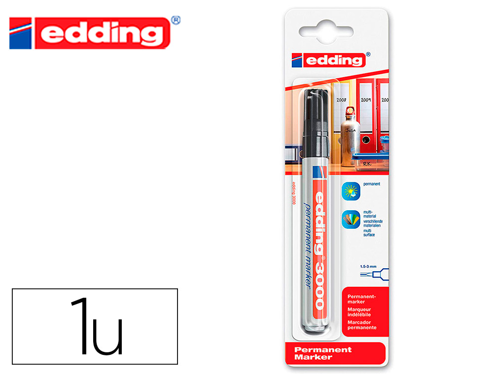 ROTULADOR EDDING MARCADOR PERMANENTE 3000 NEGRO N.1 PUNTA REDONDA 1,5-3 MM BLISTER DE 1 UNIDAD