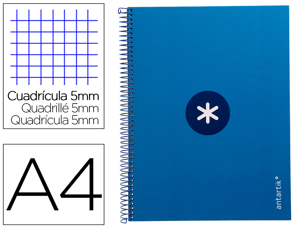 CUADERNO ESPIRAL A4 MICRO ANTARTIK TAPA FORRADA 80H 90 GR CUADRO 5MM 1 BANDA 4 TALADROS AZUL OSCURO