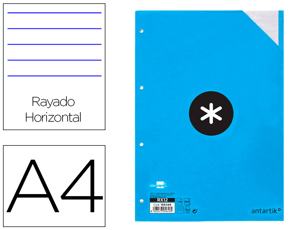 RECAMBIO ANTARTIK A4 100 HOJAS 100GR RAYADO HORIZONTAL 4 TALADROS BANDAS DE 5 COLORES