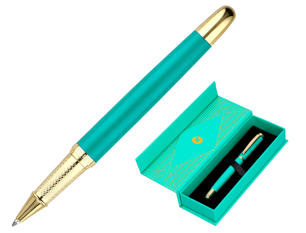 BOLIGRAFO BELIUS SOIREE ALUMINIO COLOR ART DECO TURQUESA Y DORADO TINTA AZUL CAJA DE DISEÑO