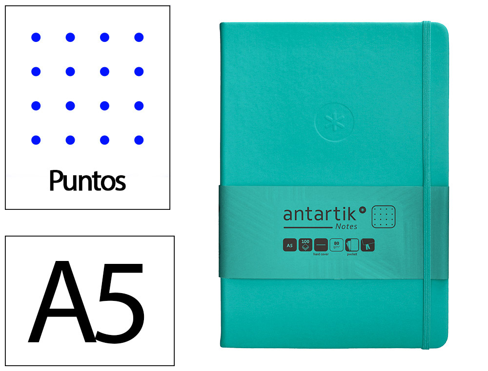 CUADERNO CON GOMILLA ANTARTIK NOTES TAPA DURA A5 HOJAS PUNTOS TURQUESA 100 HOJAS 80 GR FSC
