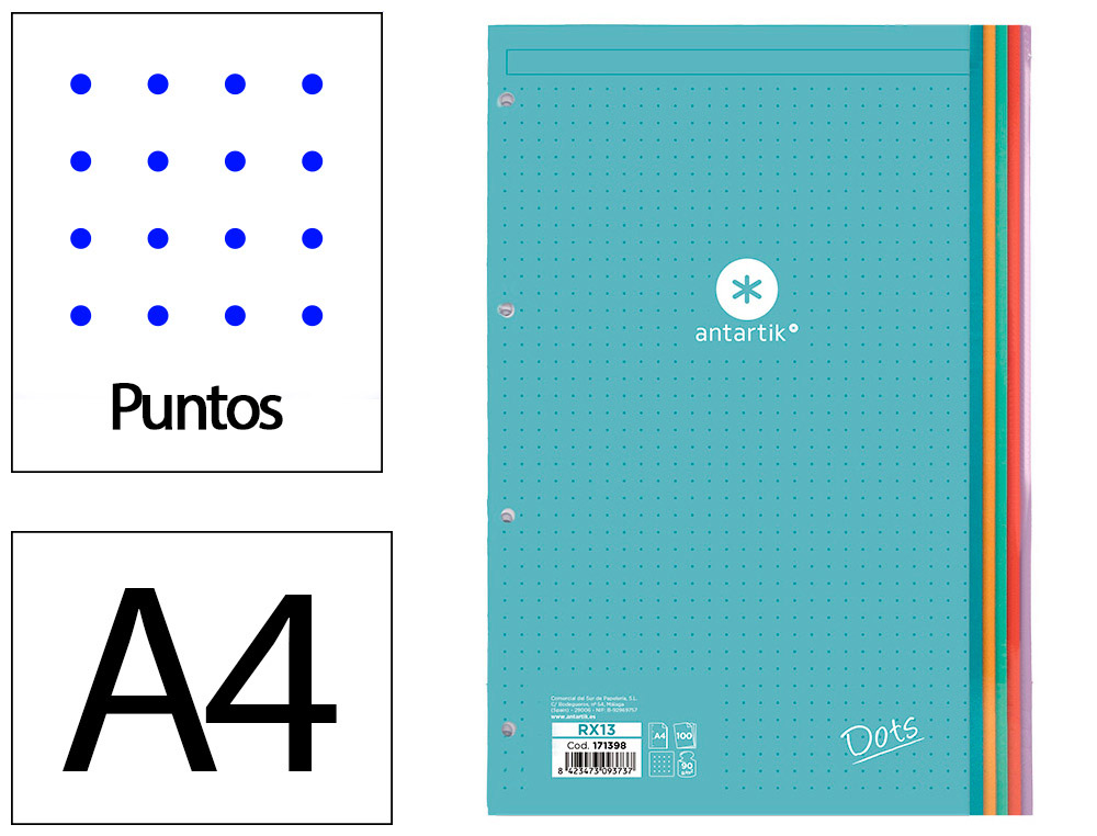 RECAMBIO ANTARTIK A4 100 HOJAS 90GR PUNTOS DOTS 4 TALADROS BANDAS DE 5 COLORES