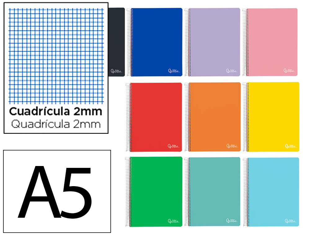 CUADERNO ESPIRAL LIDERPAPEL A5 SMART TAPA BLANDA 80H 75GR MILIMETRADO 2MM COLORES SURTIDOS
