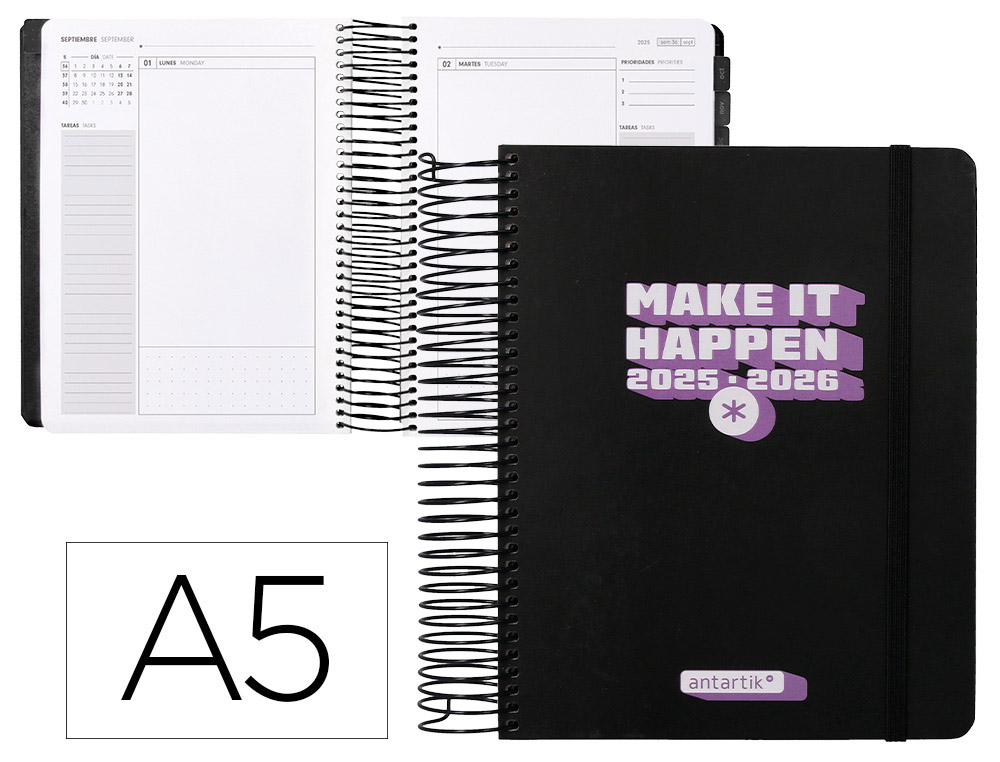 AGENDA ESCOLAR ANTARTIK 25-26 ESPIRAL NEON NEGRO DIA PAGINA A5 BILINGE PAPEL FSC 80 GR