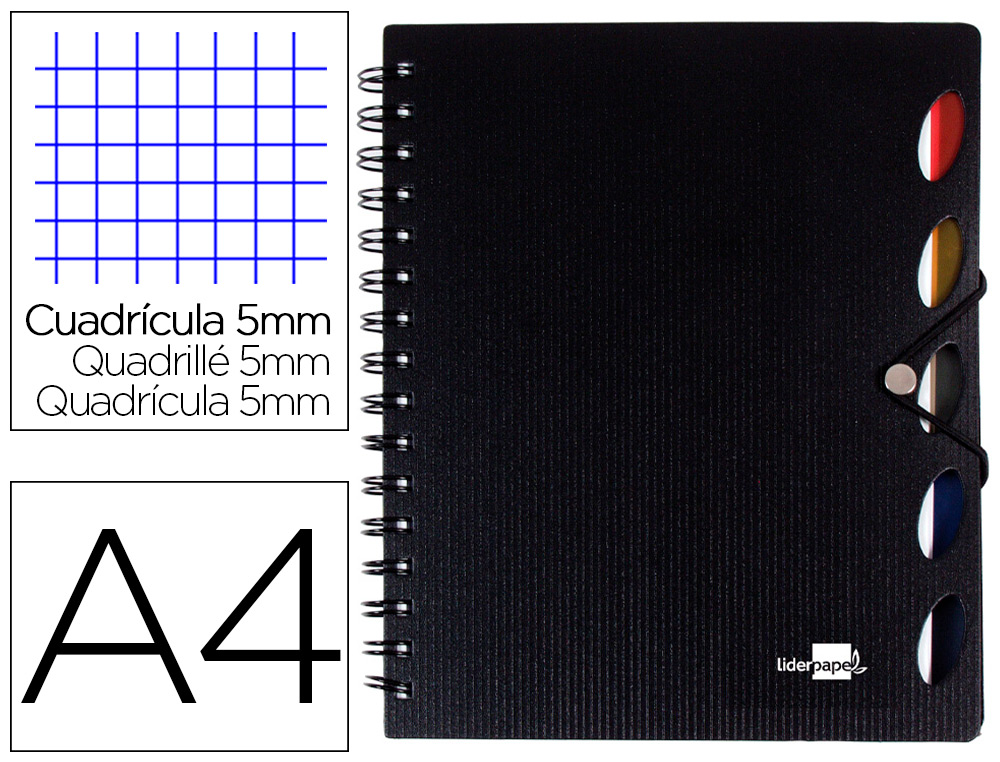 CUADERNO ESPIRAL LIDERPAPEL A4 MICRO EXECUTIVE TAPA PLASTICO 100H 80GR CUADRO 5MM 5 SEP ARADORES CON GOMILLA NEGRO