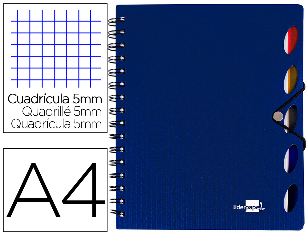 CUADERNO ESPIRAL LIDERPAPEL A4 MICRO EXECUTIVE TAPA PLASTICO 100H 80GR CUADRO 5MM 5 SEP ARADORES CON GOMILLA AZUL