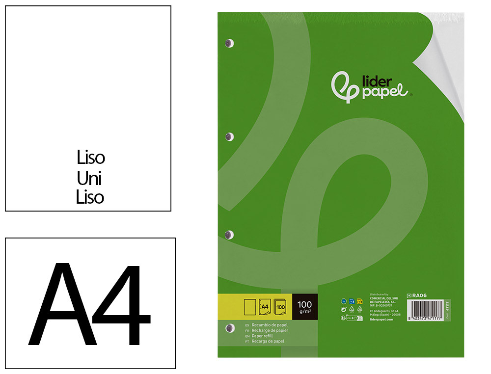 RECAMBIO LIDERPAPEL A4 100 HOJAS 100GR LISO SIN MARGEN 4 TALADROS