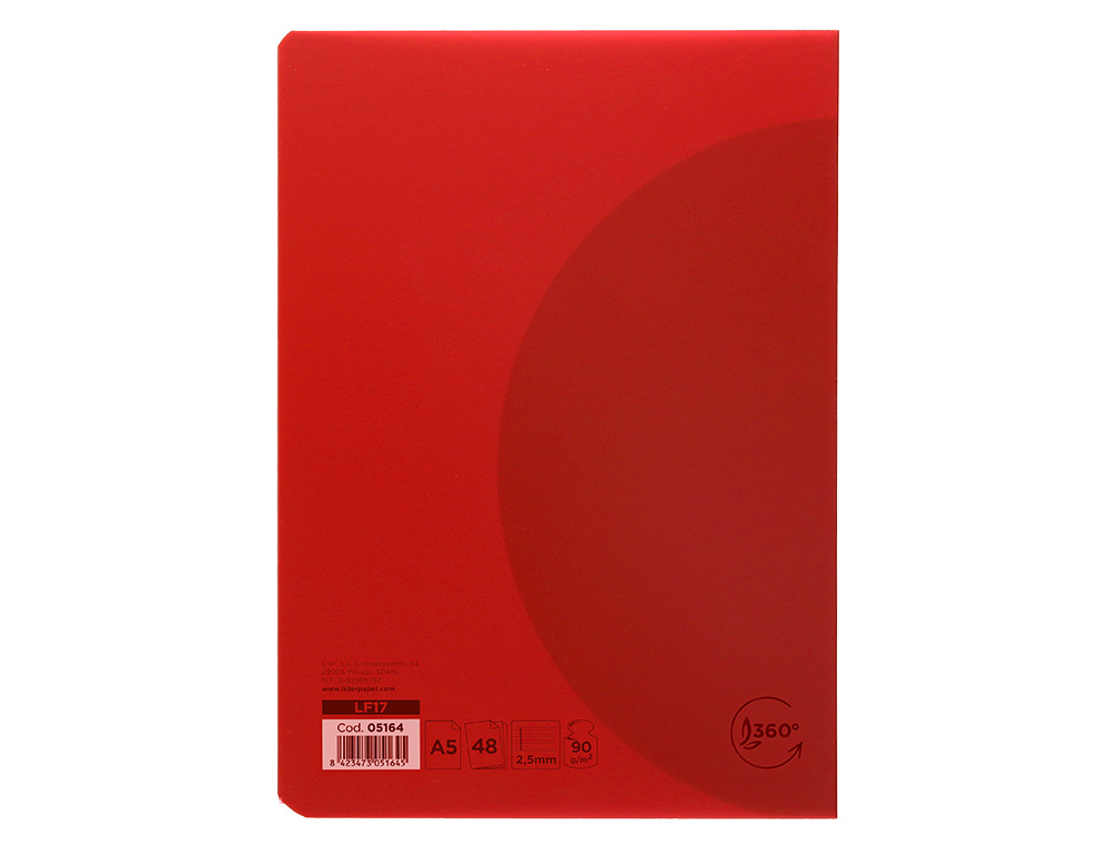 LIBRETA LIDERPAPEL 360 TAPA DE PLASTICO A5 48 HOJAS 90GR PAUTA 5 2,5MM CON MARGEN COLORES SURTIDOS