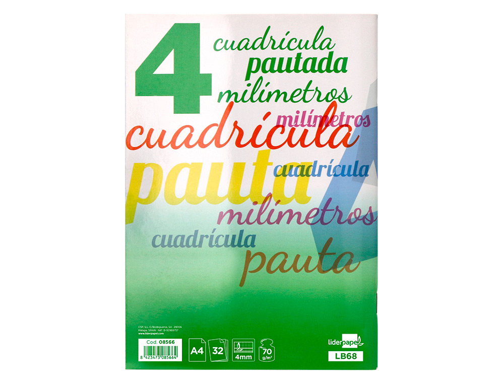 LIBRETA LIDERPAPEL PAUTAGUIA TAPA CARTONCILLO 32 HOJAS DIN A4 70GR CUADRICULADO PAUTADO 4 MM