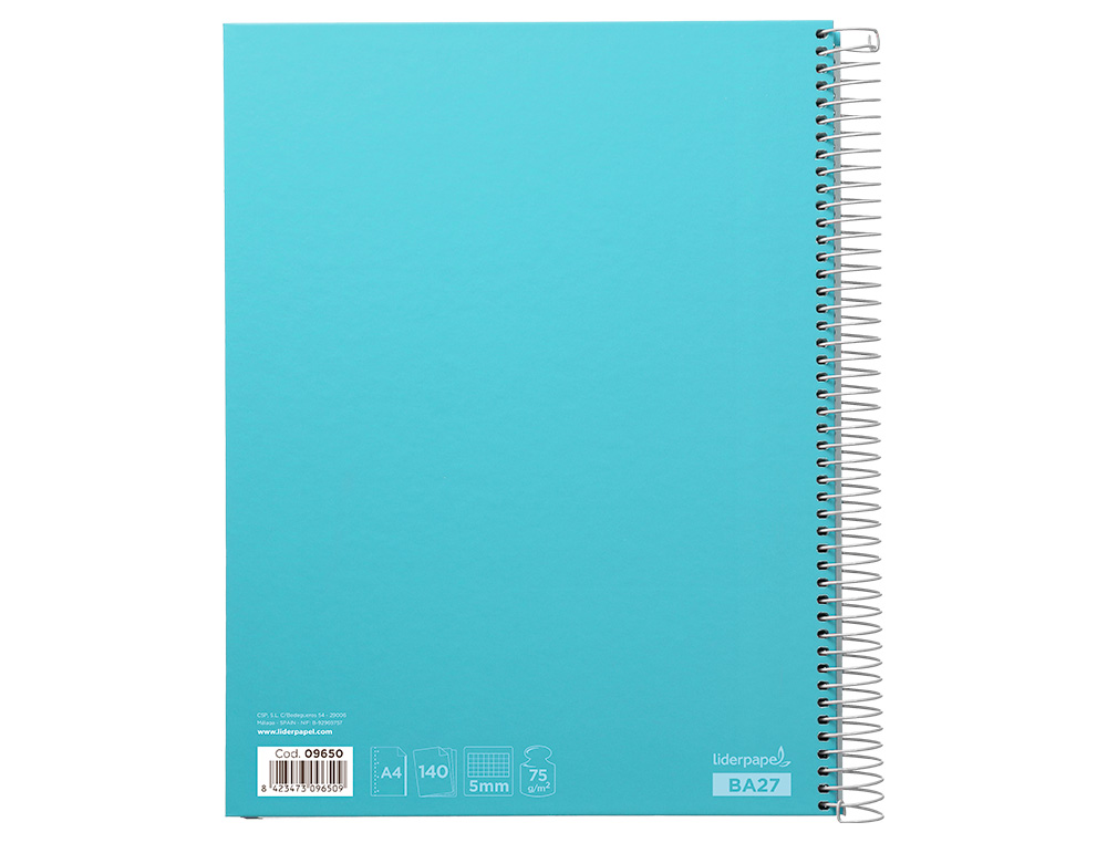 CUADERNO ESPIRAL LIDERPAPEL A4 MICRO JOLLY TAPA FORRADA 140H 75GR CUADRO 5MM 5 BANDAS 4 TALADROS COLOR CELESTE