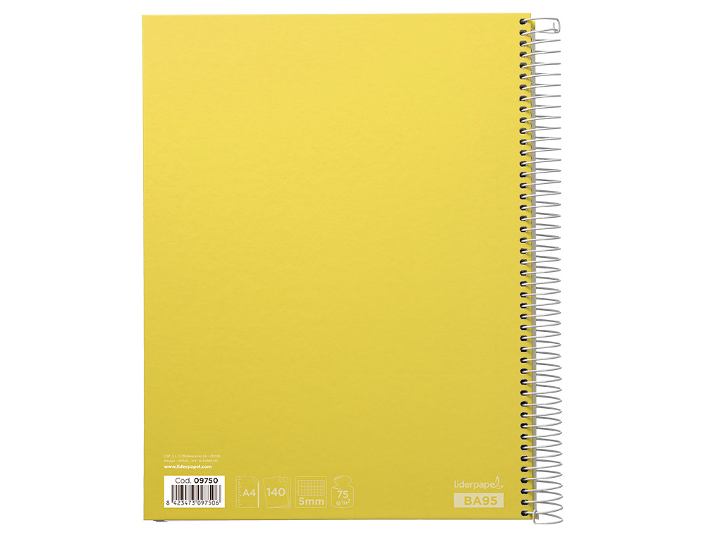 CUADERNO ESPIRAL LIDERPAPEL A4 MICRO JOLLY TAPA FORRADA 140H 75GR CUADRO 5MM 5 BANDAS 4 TALADROS COLOR AMARILLO