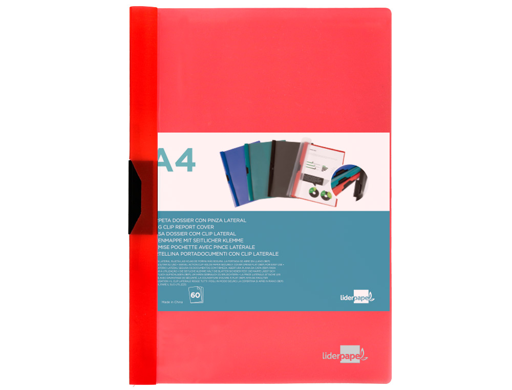 CARPETA LIDERPAPEL DOSSIER PINZA LATERAL POLIPROPILENO DIN A4 ROJO TRANSLUCIDO 60 HOJAS PINZA DESLIZANTE