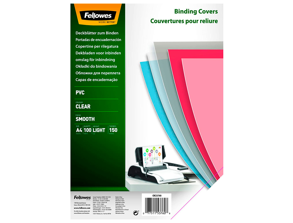 TAPA DE ENCUADERNACION FELLOWES DIN A4 PVC 150 MICRAS TRANSPARENTE PACK DE 100 UNIDADES