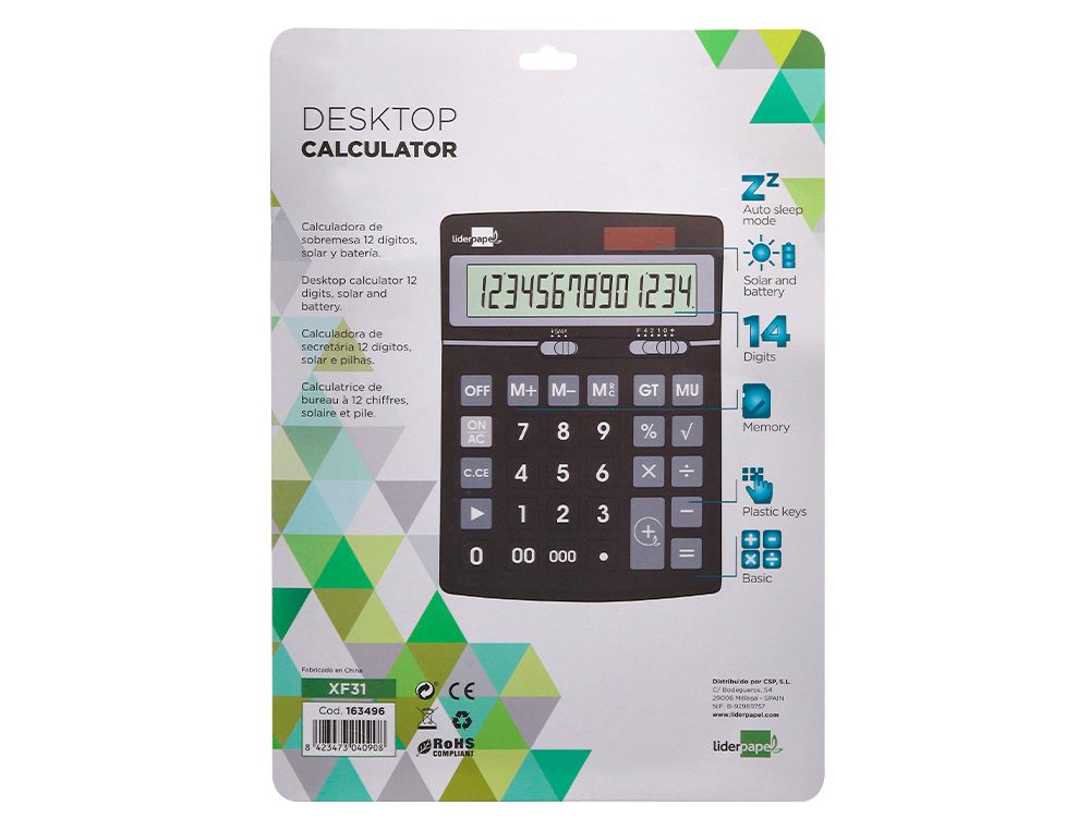 CALCULADORA LIDERPAPEL SOBREMESA XF31 14 DIGITOS SOLAR Y PILAS COLOR NEGRO 170X122X35 MM