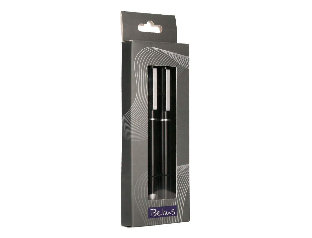 JUEGO BOLIGRAFO Y ROLLER BELIUS NORWICH CUERPO NEGRO MATE Y DETALLES CROMADOS SATINADOS EN CAJA REGALO