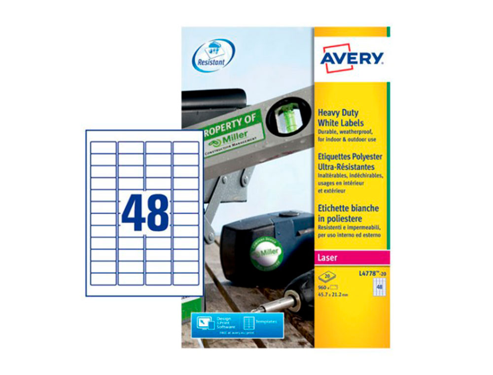 ETIQUETA ADHESIVA RESISTENTE AVERY POLIESTER BLANCO LASER 45,7X21,2 MM CAJA DE 960 UNIDADES
