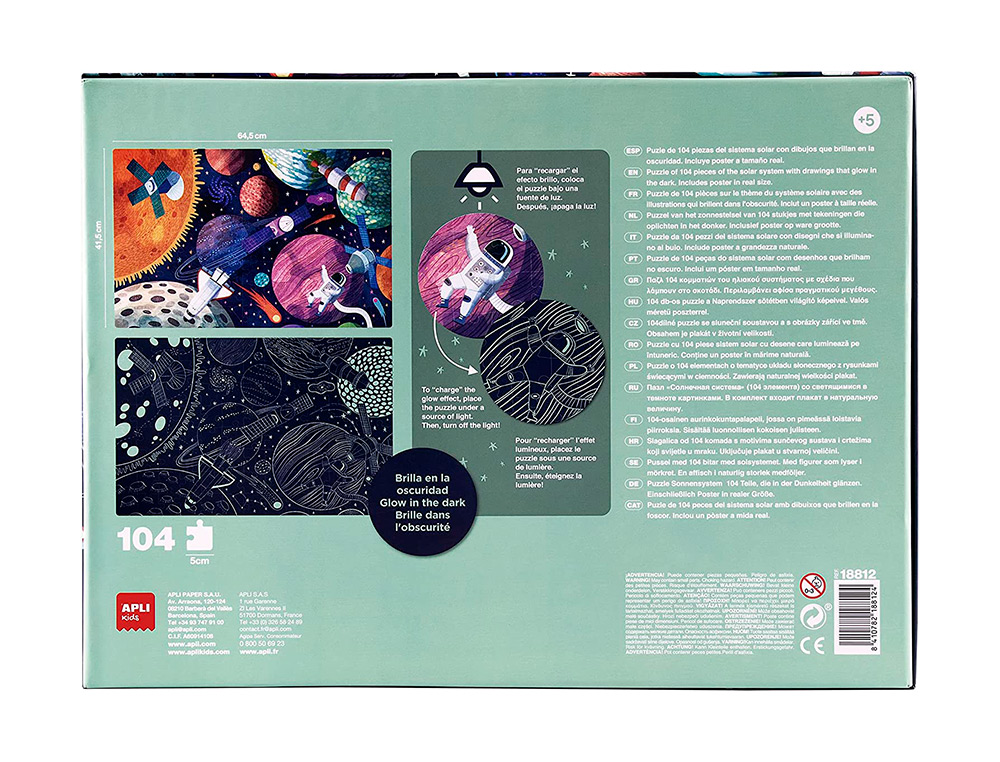 PUZLE APLI FLUORESCENTE SISTEMA SOLAR 104 PIEZAS TAMAO 5X5 CM