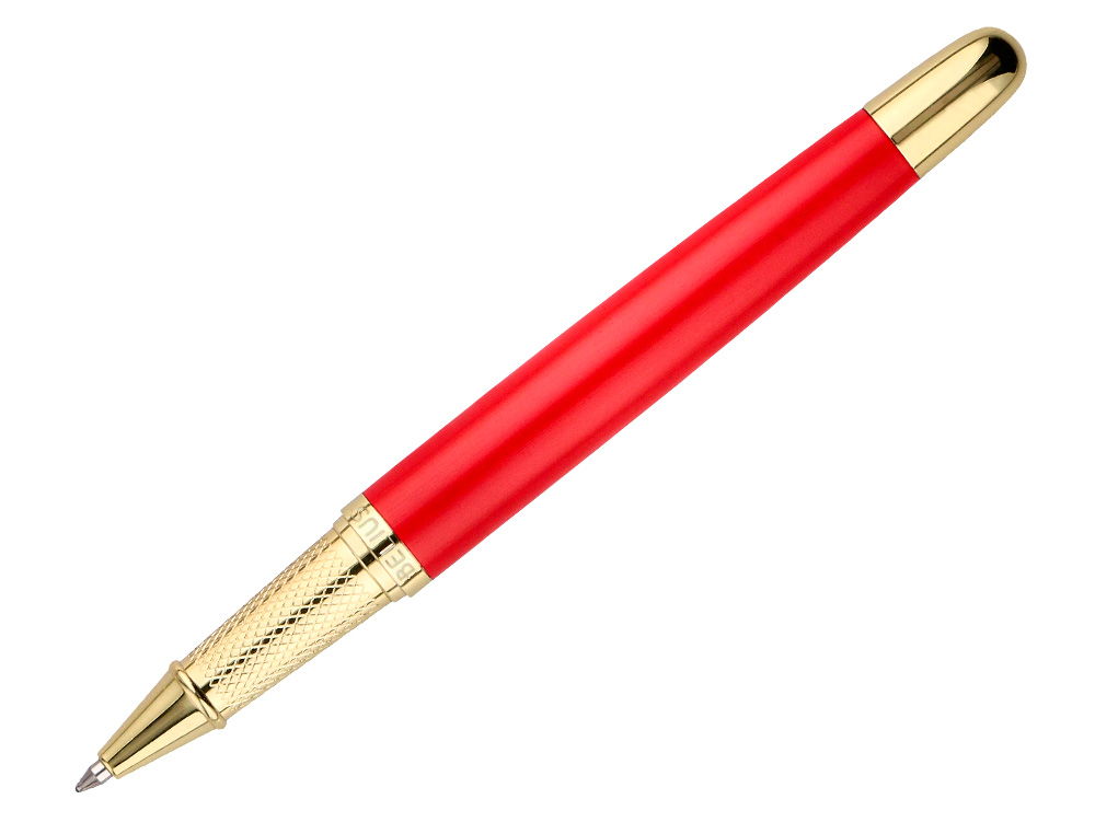 BOLIGRAFO Y ESTUCHE BELIUS PASSION DOR ALUMINIO TEXTURA CEPILLADA COLOR ROJO Y DORADO TINTA AZUL CAJA DE DISEO
