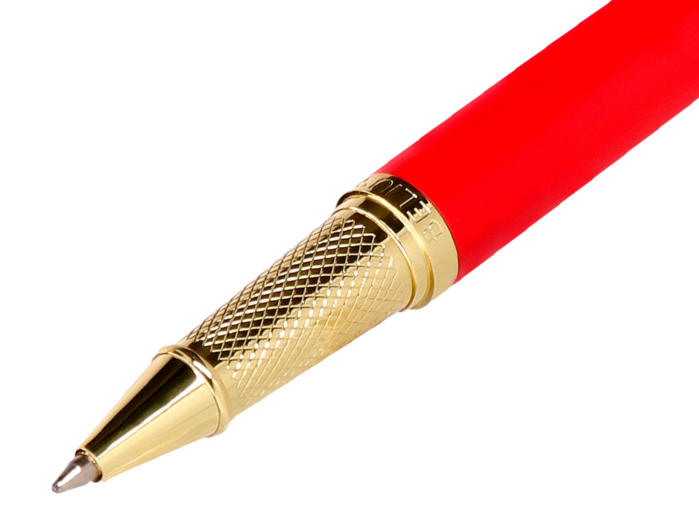 BOLIGRAFO Y ESTUCHE BELIUS PASSION DOR ALUMINIO TEXTURA CEPILLADA COLOR ROJO Y DORADO TINTA AZUL CAJA DE DISEO