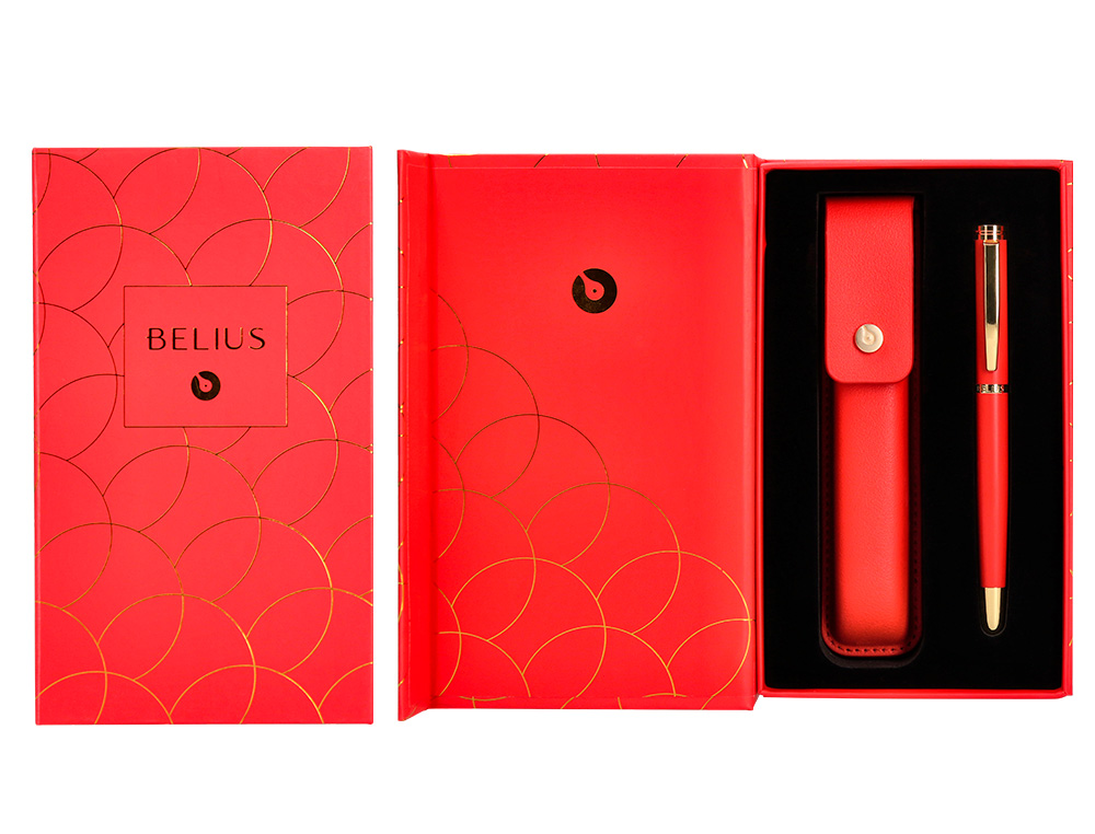 BOLIGRAFO Y ESTUCHE BELIUS PASSION DOR ALUMINIO TEXTURA CEPILLADA COLOR ROJO Y DORADO TINTA AZUL CAJA DE DISEO