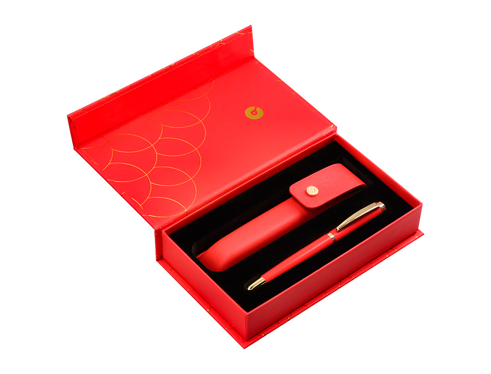 BOLIGRAFO Y ESTUCHE BELIUS PASSION DOR ALUMINIO TEXTURA CEPILLADA COLOR ROJO Y DORADO TINTA AZUL CAJA DE DISEO