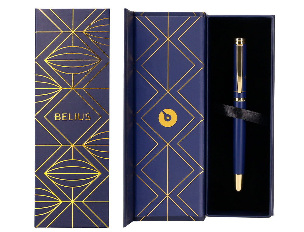 BOLIGRAFO BELIUS SOIREE ALUMINIO COLOR AZUL MARINO Y DORADO TINTA AZUL CAJA DE DISEÑO