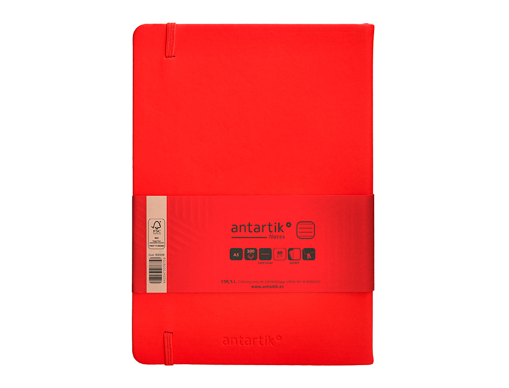 CUADERNO CON GOMILLA ANTARTIK NOTES TAPA DURA A5 HOJAS RAYAS ROJO 100 HOJAS 80 GR FSC