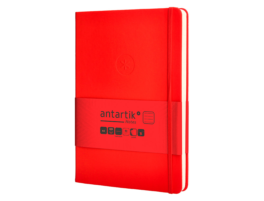 CUADERNO CON GOMILLA ANTARTIK NOTES TAPA DURA A5 HOJAS RAYAS ROJO 100 HOJAS 80 GR FSC