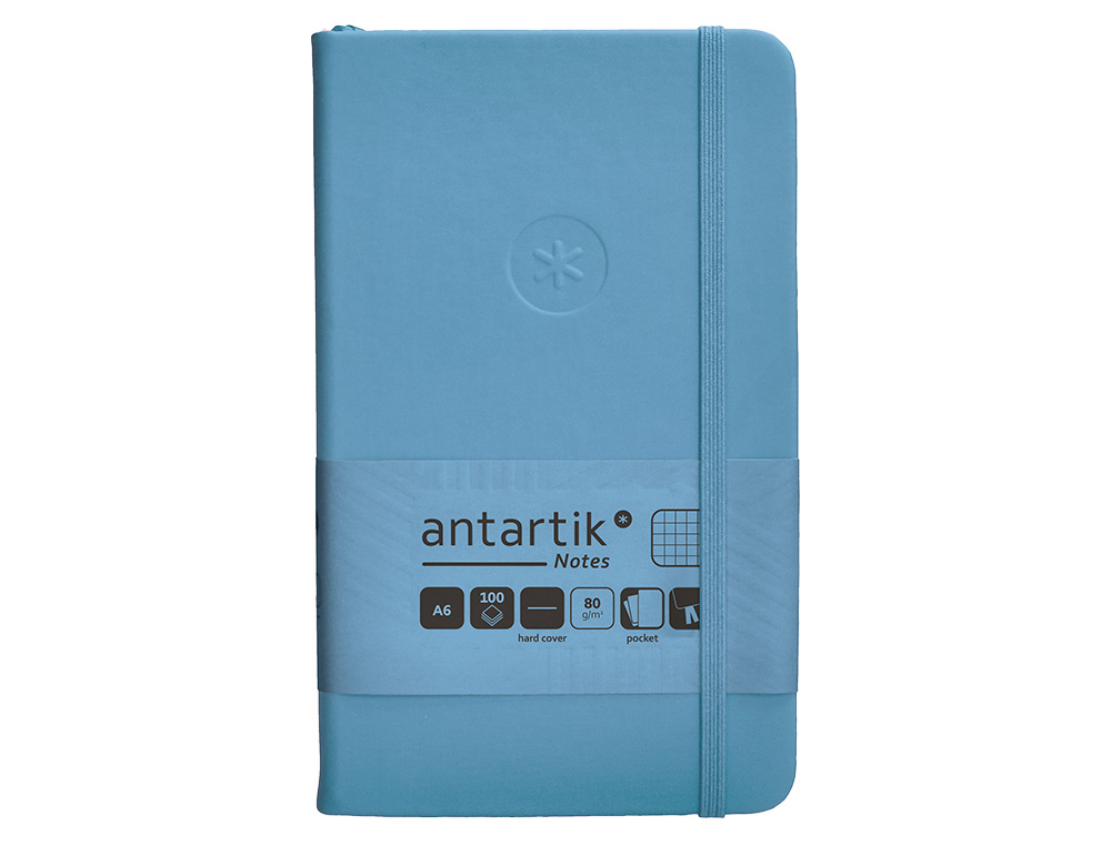CUADERNO CON GOMILLA ANTARTIK NOTES TAPA DURA A6 HOJAS CUADRICULA AZUL CLARO 100 HOJAS 80 GR FSC