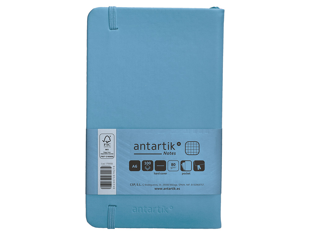 CUADERNO CON GOMILLA ANTARTIK NOTES TAPA DURA A6 HOJAS CUADRICULA AZUL CLARO 100 HOJAS 80 GR FSC