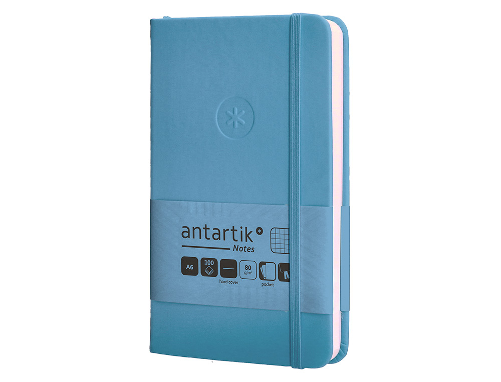 CUADERNO CON GOMILLA ANTARTIK NOTES TAPA DURA A6 HOJAS CUADRICULA AZUL CLARO 100 HOJAS 80 GR FSC