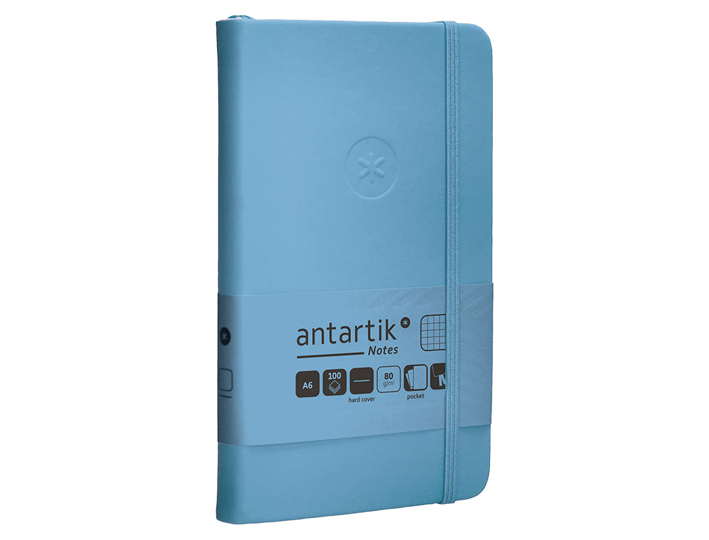 CUADERNO CON GOMILLA ANTARTIK NOTES TAPA DURA A6 HOJAS CUADRICULA AZUL CLARO 100 HOJAS 80 GR FSC
