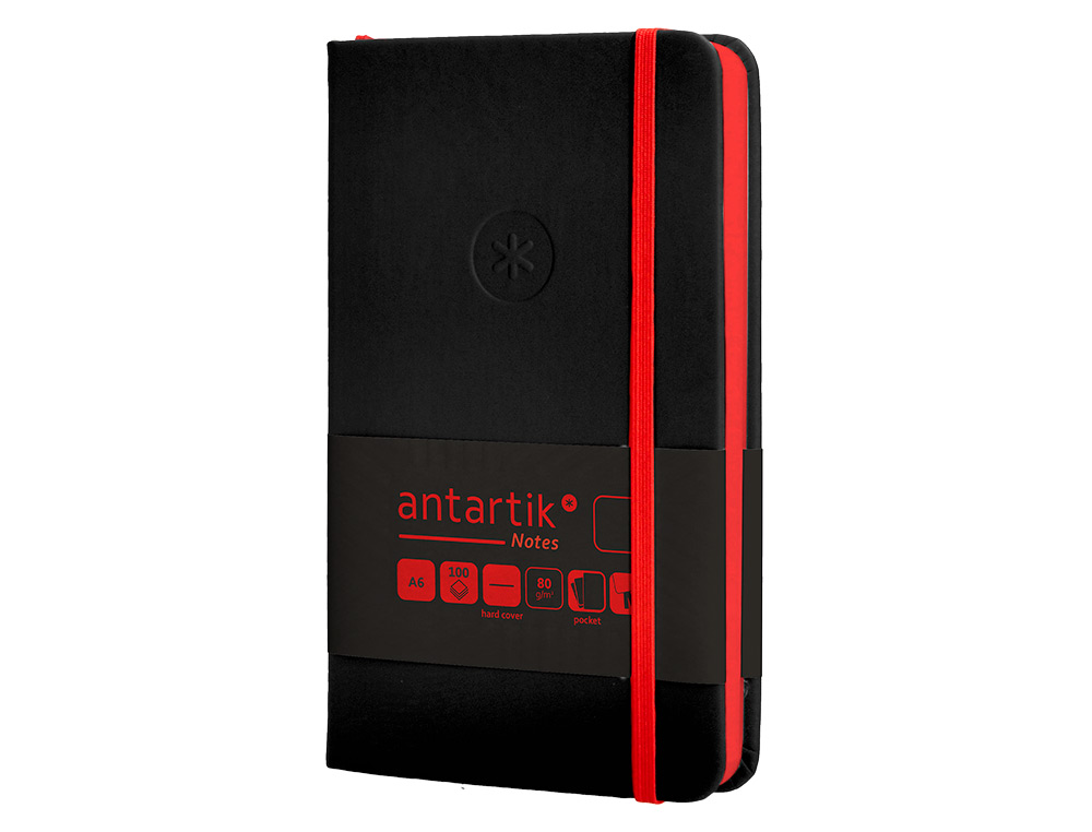 CUADERNO CON GOMILLA ANTARTIK NOTES TAPA DURA A6 HOJAS LISAS NEGRO Y ROJO 100 HOJAS 80 GR FSC