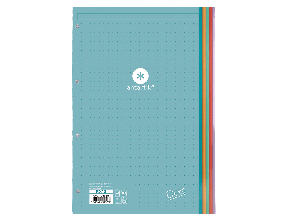 RECAMBIO ANTARTIK A4 100 HOJAS 90GR PUNTOS DOTS 4 TALADROS BANDAS DE 5 COLORES