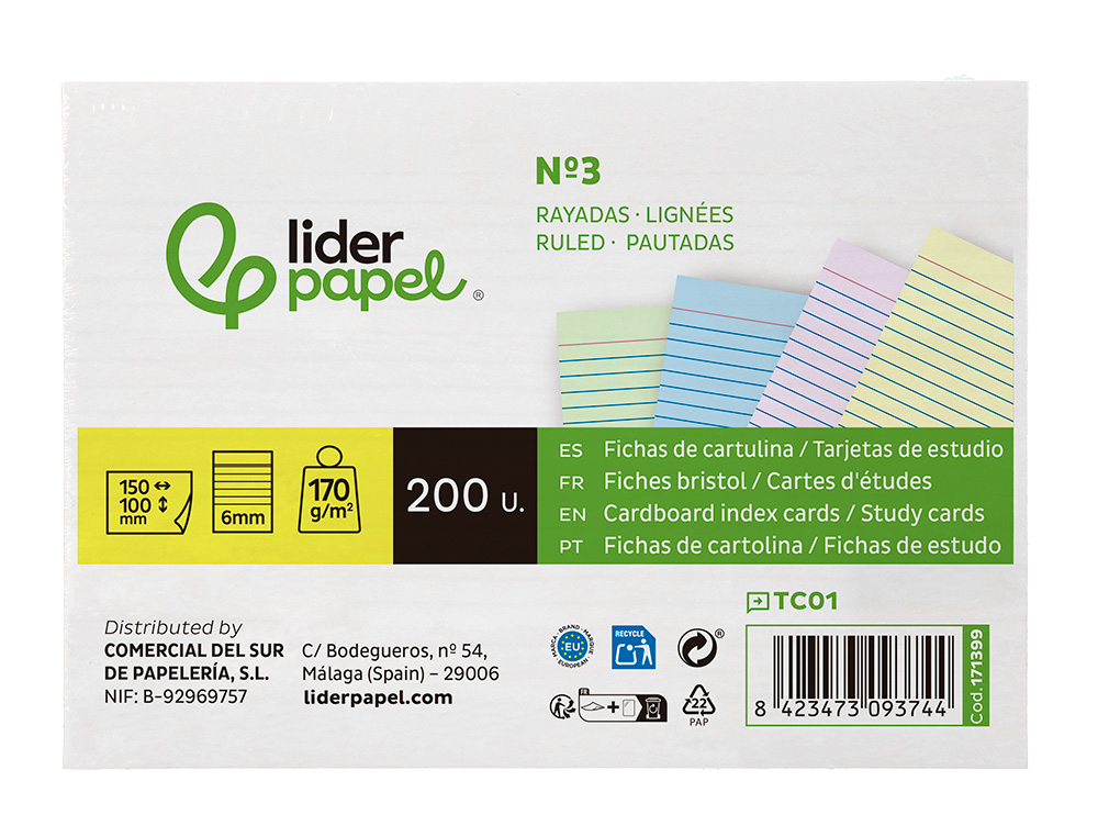 TARJETA LIDERPAPEL PARA ESTUDIAR RAYADA CARTULINA DE COLORES 170GR 100X150MM PAQUETE DE 200 UNIDADES