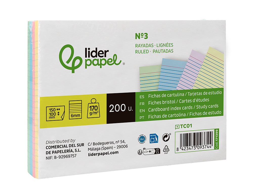 TARJETA LIDERPAPEL PARA ESTUDIAR RAYADA CARTULINA DE COLORES 170GR 100X150MM PAQUETE DE 200 UNIDADES