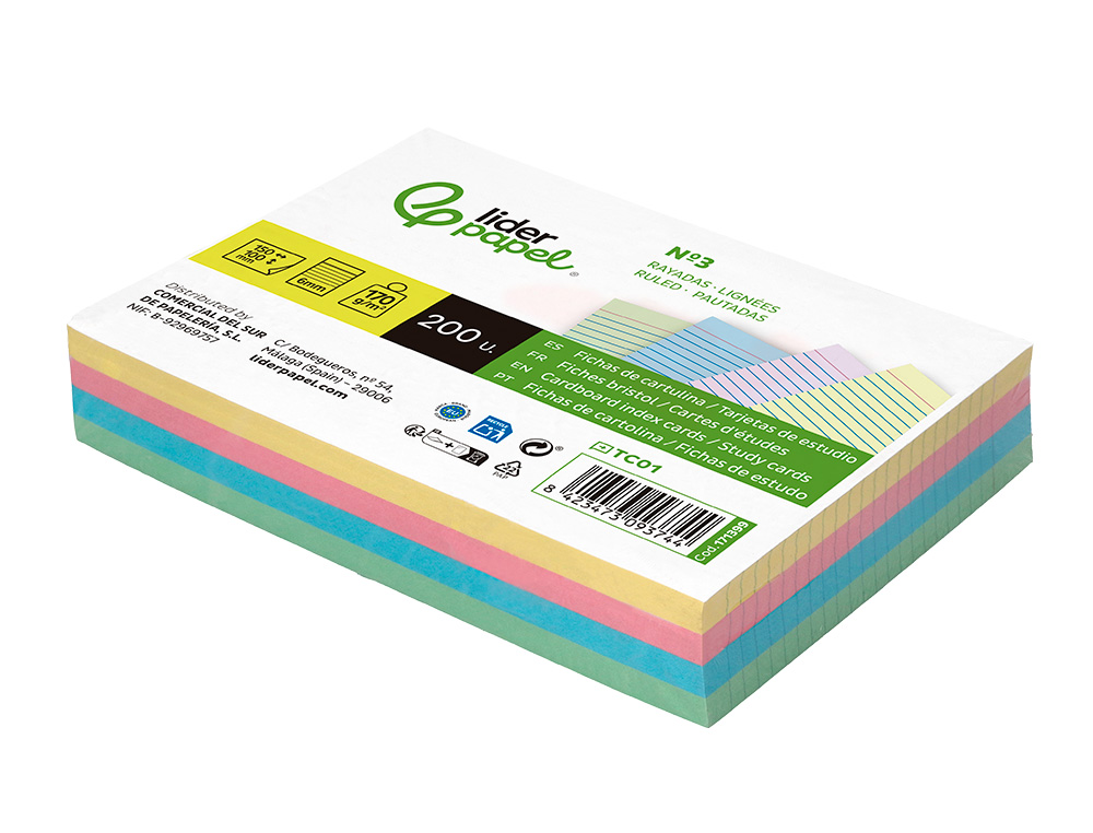TARJETA LIDERPAPEL PARA ESTUDIAR RAYADA CARTULINA DE COLORES 170GR 100X150MM PAQUETE DE 200 UNIDADES