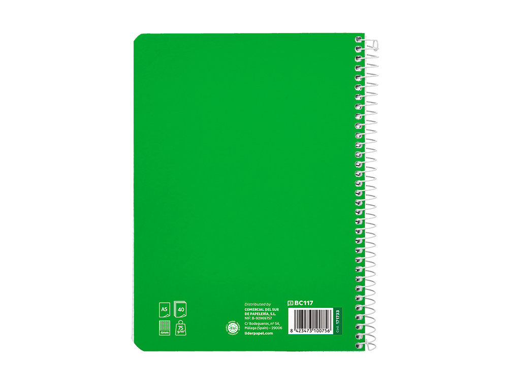 CUADERNO ESPIRAL LIDERPAPEL A5 PAUTAGUIA TAPA BLANDA 40H 75GR CUADRO PAUTADO 4MM COLOR VERDE
