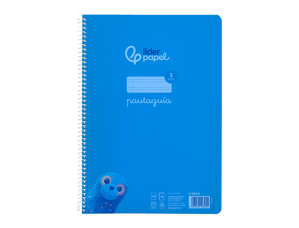 CUADERNO ESPIRAL LIDERPAPEL A4 PAUTAGUIA TAPA PLASTICO 80H 90GR CUADRO PAUTADO 3MM CON MARGEN COLOR AZUL