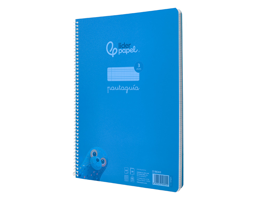 CUADERNO ESPIRAL LIDERPAPEL A4 PAUTAGUIA TAPA PLASTICO 80H 90GR CUADRO PAUTADO 3MM CON MARGEN COLOR AZUL