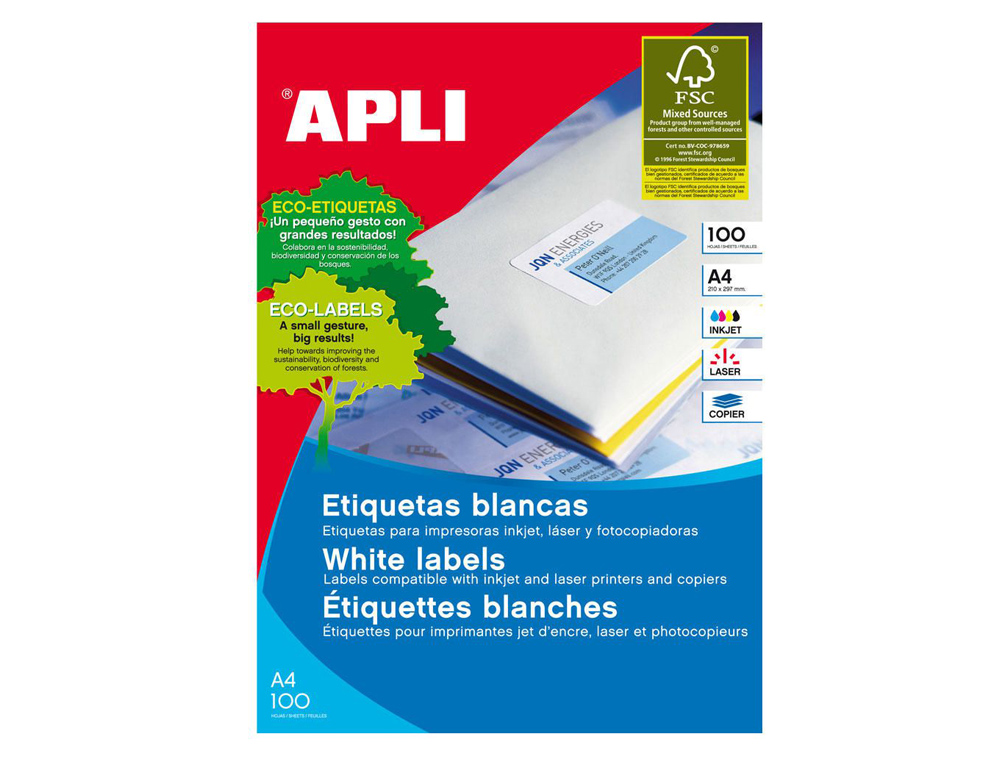ETIQUETA ADHESIVA APLI 1295 TAMAO 70X50,8 MM FOTOCOPIADORA LASER INK-JET CAJA CON 100 HOJAS DIN A4