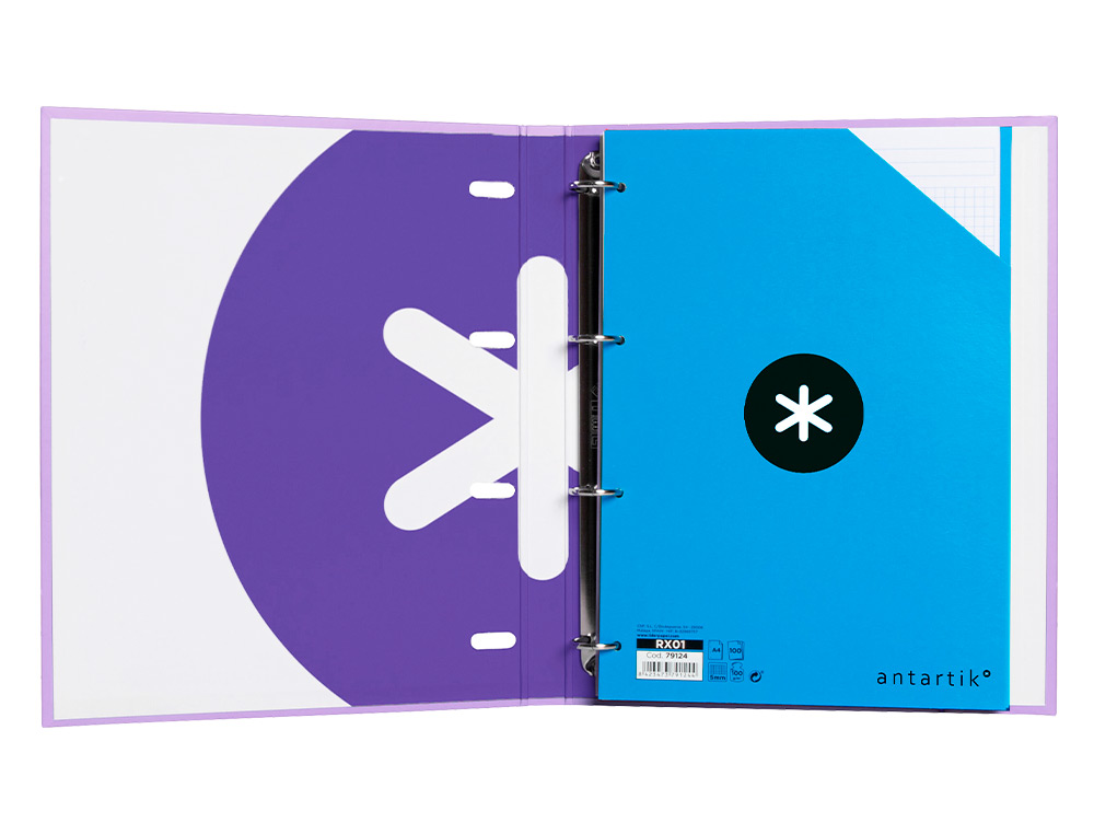 CARPETA CON RECAMBIO ANTARTIK A4 CUADRO 5MM FORRADA 4 ANILLAS 25MM REDONDAS COLOR LAVANDA